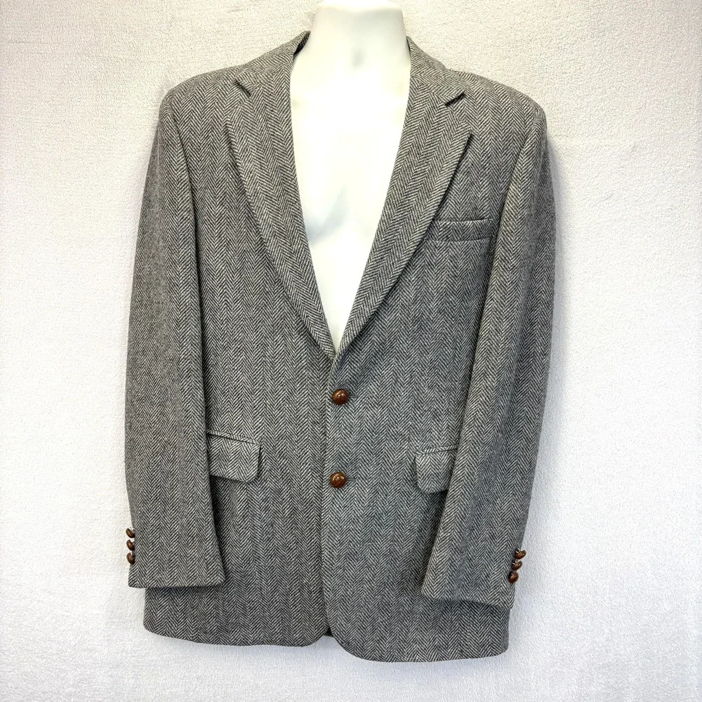 Vintage‎ 90s Herringbone Tweed Blazer Sport Coat Mens 40L Gray 2-Button Retro